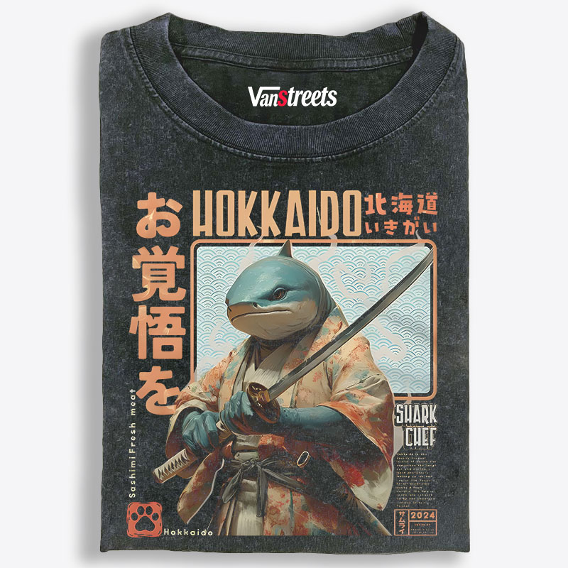 Hokkaido Shark Samurai Retro Washed T-Shirt | 100% Cotton | Streetwear Essential