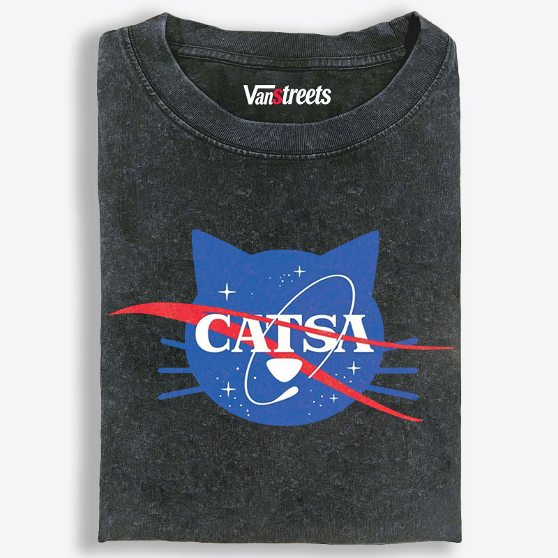 CATSA NASA Parody Cat Retro Washed T-Shirt | 100% Cotton | Streetwear Essential
