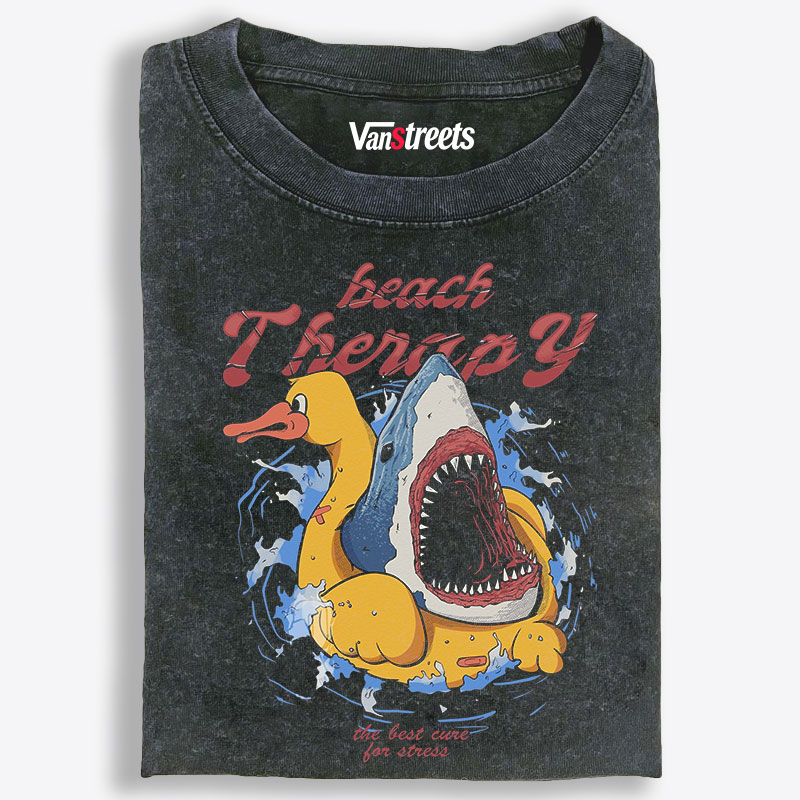 Beach Therapy Shark Rubber Duck Retro Washed T-Shirt | 100% Cotton | Streetwear Essential