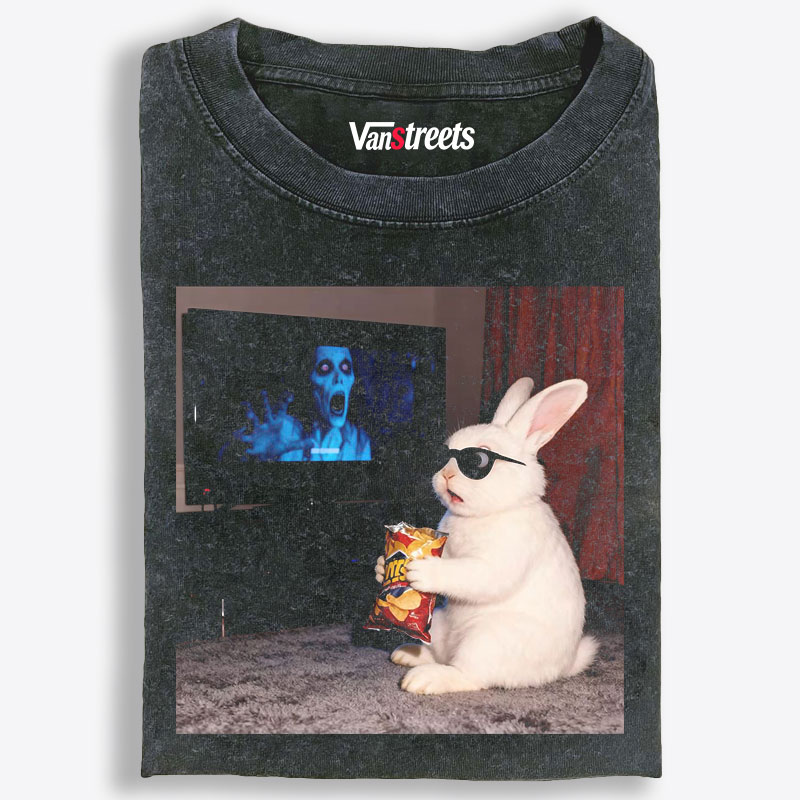 Horror Movie Watching Bunny Retro Washed T-Shirt | 100% Cotton | Streetwear Essential