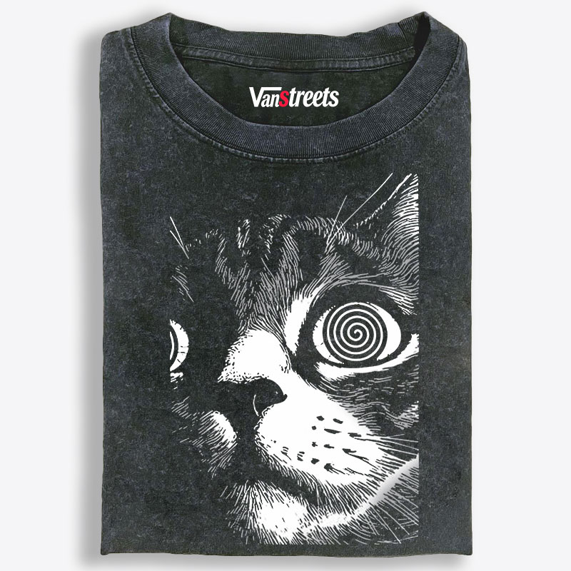 Hypnotic Spiral Eyes Cat Retro Washed T-Shirt | 100% Cotton | Streetwear Essential