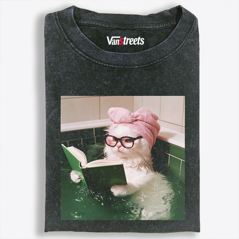 Bathtub Reading Cat Aesthetic Retro Washed T-Shirt | 100% Cotton | Streetwear Essential