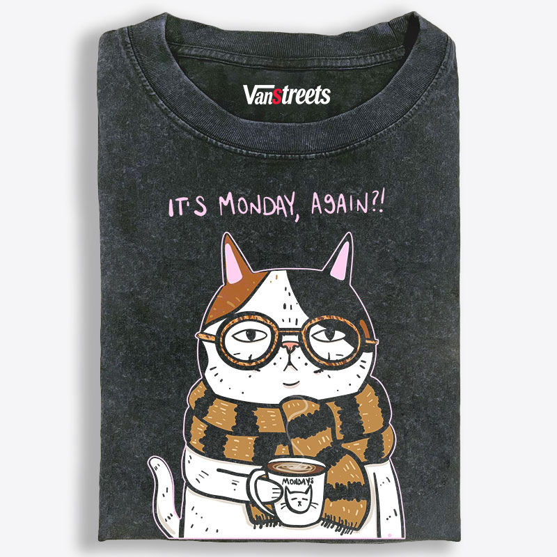 It's Monday Again Cat Retro Washed T-Shirt | 100% Cotton | Streetwear Essential