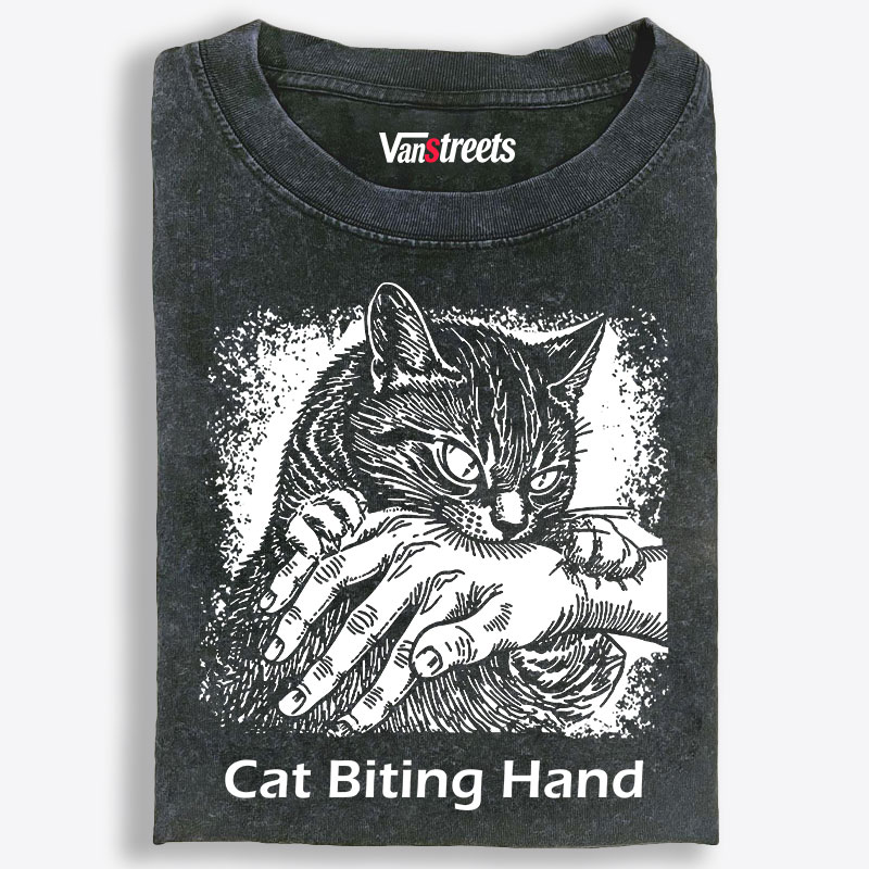 Cat Biting Hand Black & White Print Retro Washed T-Shirt | 100% Cotton | Streetwear Essential