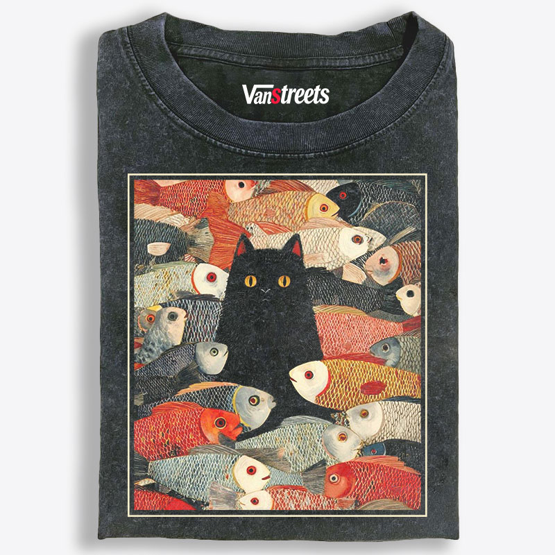 Black Cat Among Fish Art Retro Washed T-Shirt | 100% Cotton | Streetwear Essential
