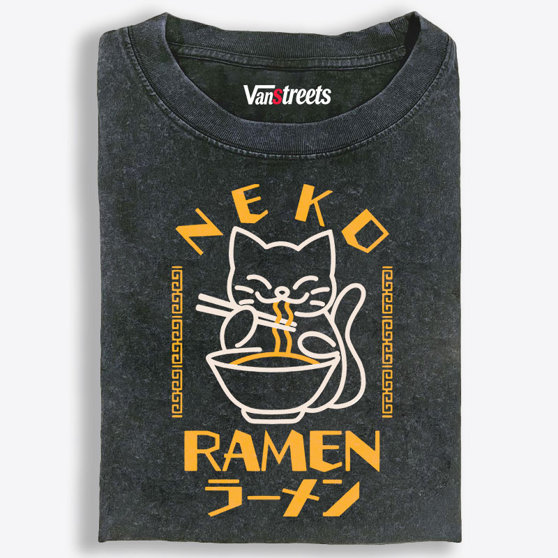 Neko Ramen Japanese Cat Retro Washed T-Shirt | 100% Cotton | Streetwear Essential