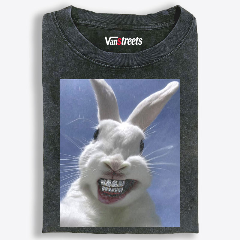 Diamond Teeth Rabbit Retro Washed T-Shirt | 100% Cotton | Streetwear Essential