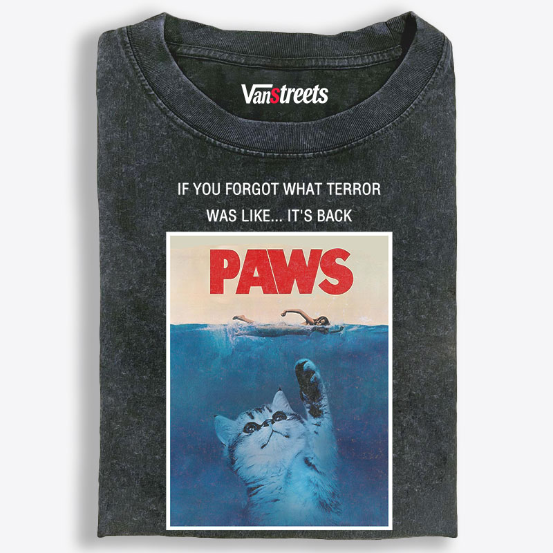 PAWS Jaws Parody Cat Retro Washed T-Shirt | 100% Cotton | Streetwear Essential