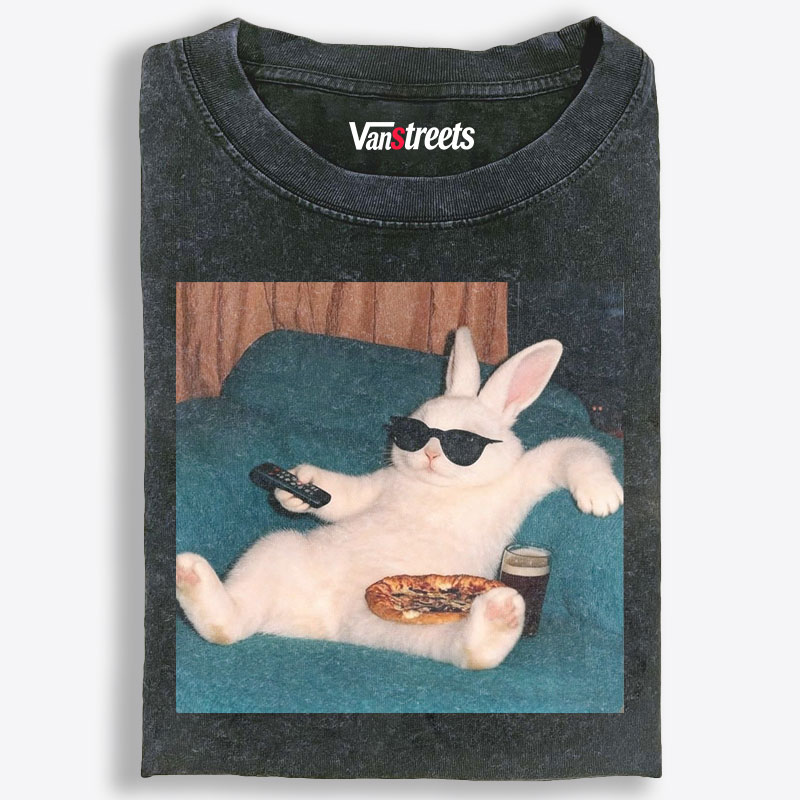 Couch Potato Bunny Retro Washed T-Shirt | 100% Cotton | Streetwear Essential