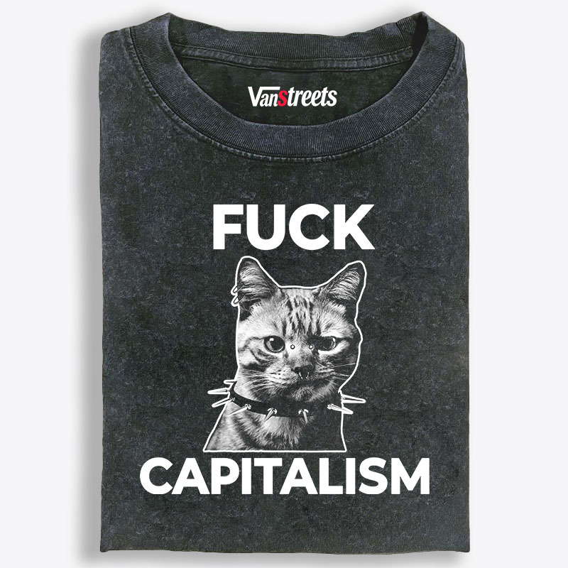 Fuck Capitalism Cat Retro Washed T-Shirt | 100% Cotton | Streetwear Essential