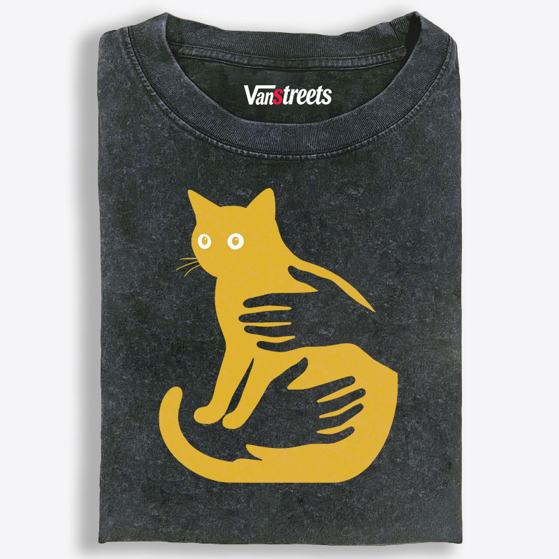 Hands Holding Cat Silhouette Retro Washed T-Shirt | 100% Cotton | Streetwear Essential
