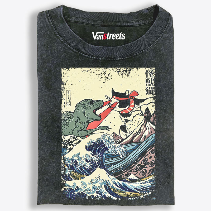 Kaiju Cat vs Godzilla The Great Wave Off Kanagawa Retro Washed T-Shirt | 100% Cotton | Streetwear Essential
