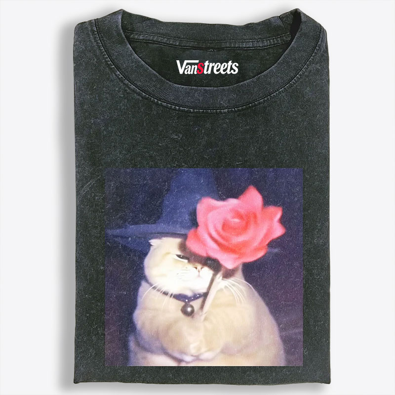Wizard Cat with Rose Retro Washed T-Shirt | 100% Cotton | Streetwear Essential
