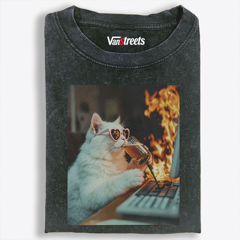 Cat Drinking at Burning Desk Retro Washed T-Shirt | 100% Cotton | Streetwear Essential