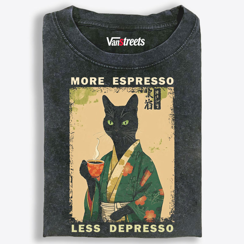 More Espresso Less Depresso Green Kimono Cat Retro Washed T-Shirt | 100% Cotton | Streetwear Essential