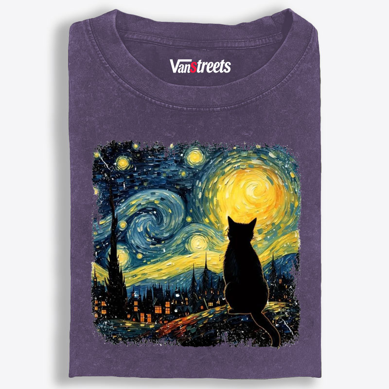 Van Gogh Starry Night CatRetro Washed T-Shirt | 100% Cotton | Streetwear Essential