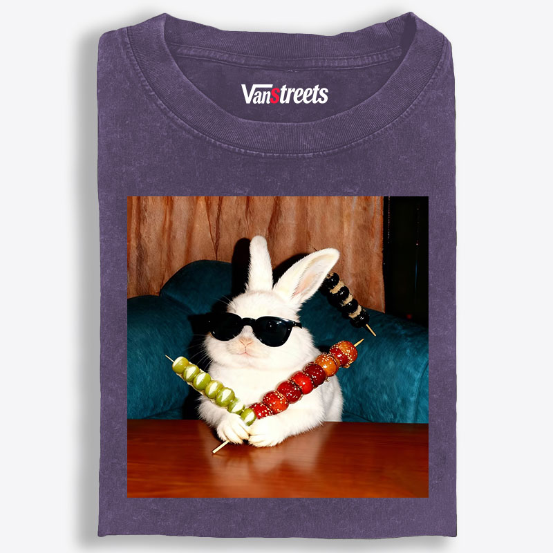 Rabbit Holding Candied Haws Sunglasses Retro Washed T-Shirt | 100% Cotton | Streetwear Essential