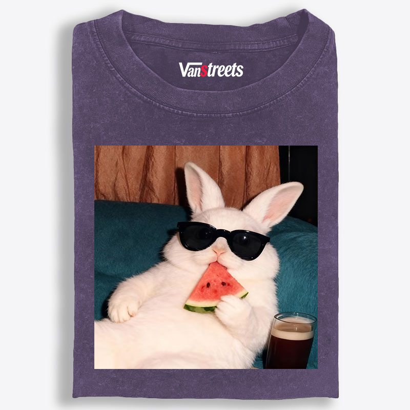 Rabbit Eating Watermelon Sunglasses Retro Washed T-Shirt | 100% Cotton | Streetwear Essential