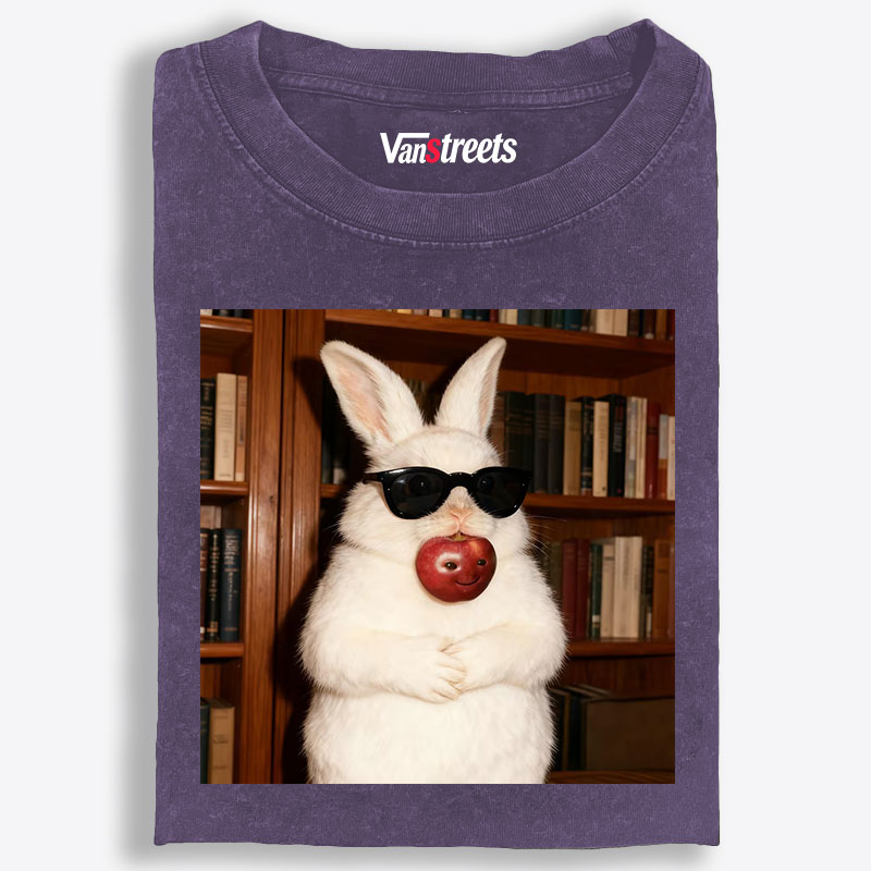 Rabbit Biting Apple Sunglasses Library Retro Washed T-Shirt | 100% Cotton | Streetwear Essential