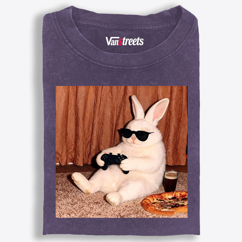 Gamer Rabbit Playing Video Game Retro Washed T-Shirt | 100% Cotton | Streetwear Essential