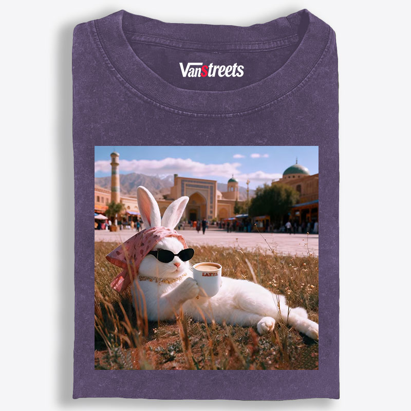 Rabbit Drinking Tea Uyghur Style Retro Washed T-Shirt | 100% Cotton | Streetwear Essential