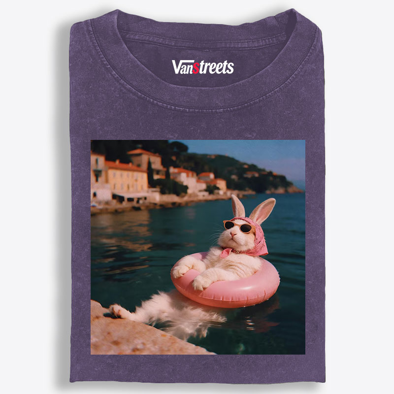 Rabbit On Vacation Swimming Ring Retro Washed T-Shirt | 100% Cotton | Streetwear Essential