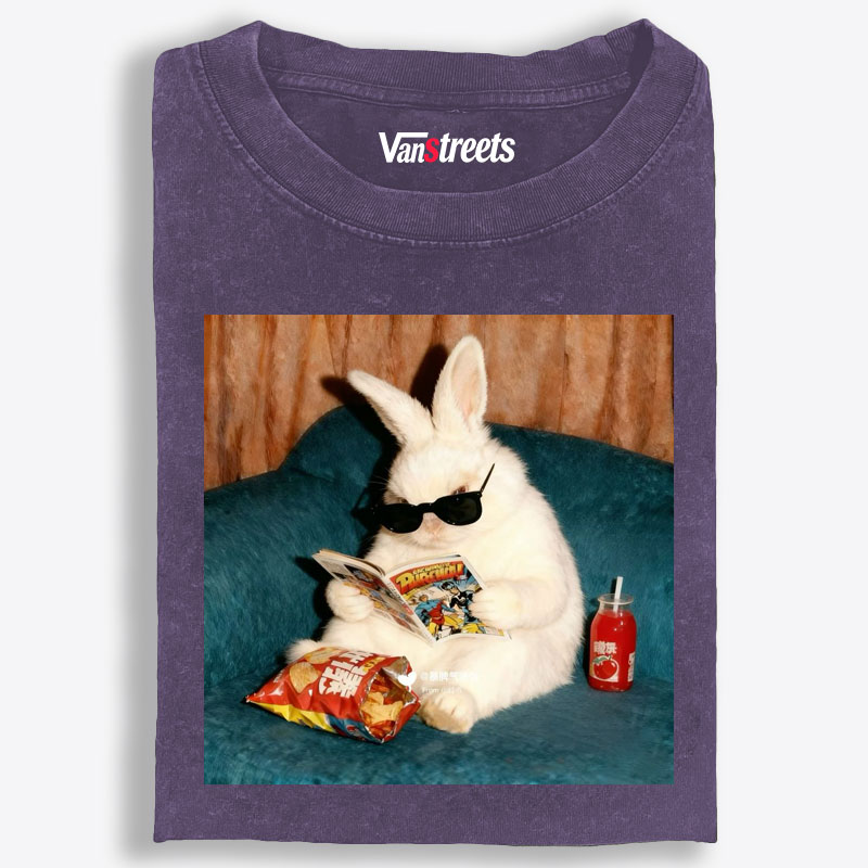 Rabbit Reading Comic Book Cool Cat Retro Washed T-Shirt | 100% Cotton | Streetwear Essential