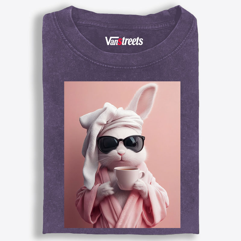 Bunny in Bathrobe Morning Coffee Retro Washed T-Shirt | 100% Cotton | Streetwear Essential