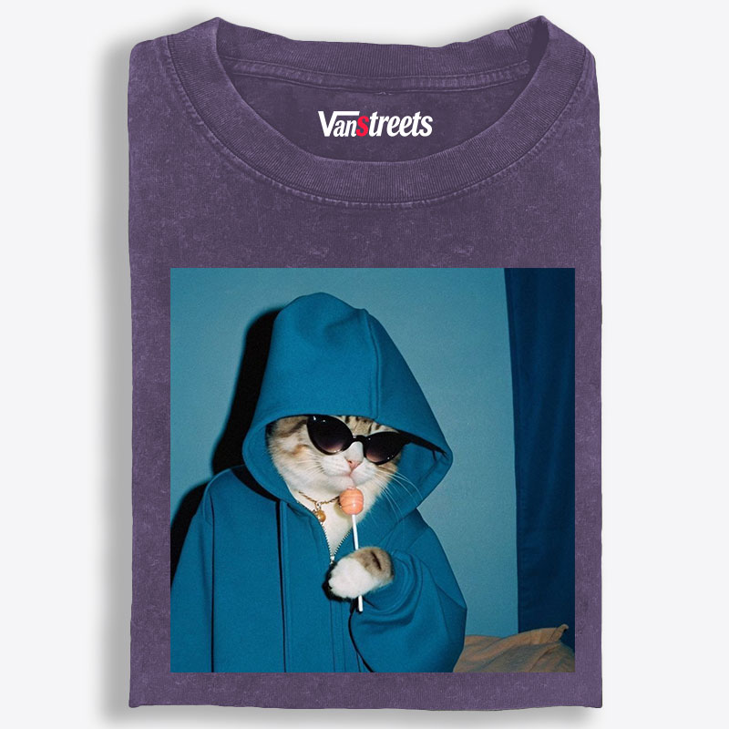 Hoodie Cat with Lollipop Cool Guy Retro Washed T-Shirt | 100% Cotton | Streetwear Essential