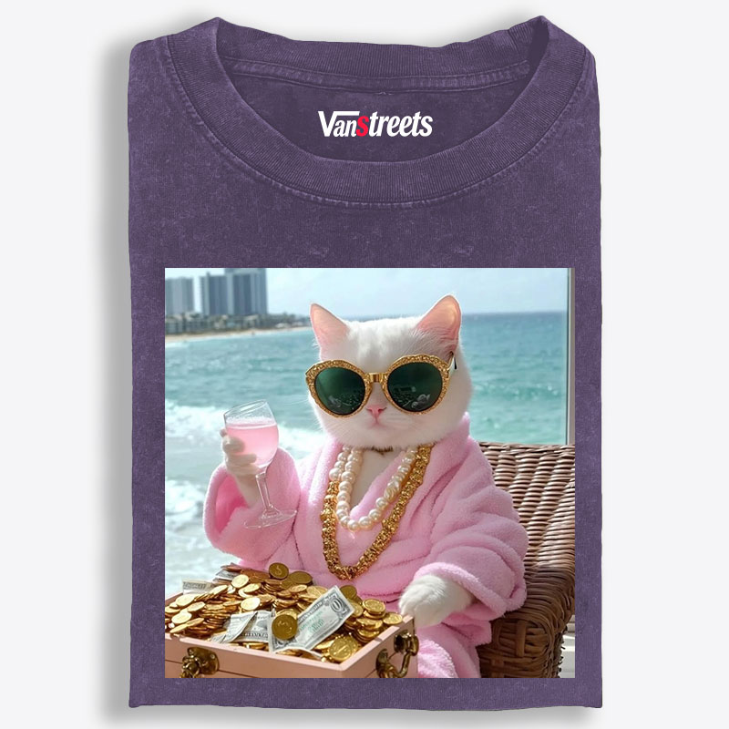 Rich Cat Millionaire Beach Lifestyle Retro Washed T-Shirt | 100% Cotton | Streetwear Essential
