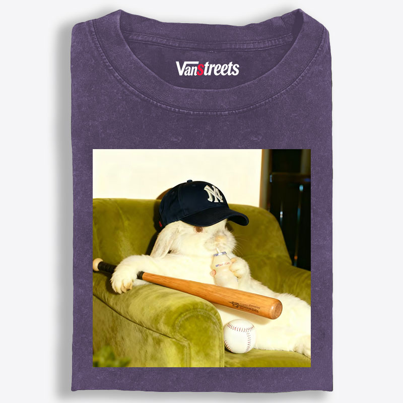 Baseball Rabbit With Bat NY Yankees Retro Washed T-Shirt | 100% Cotton | Streetwear Essential