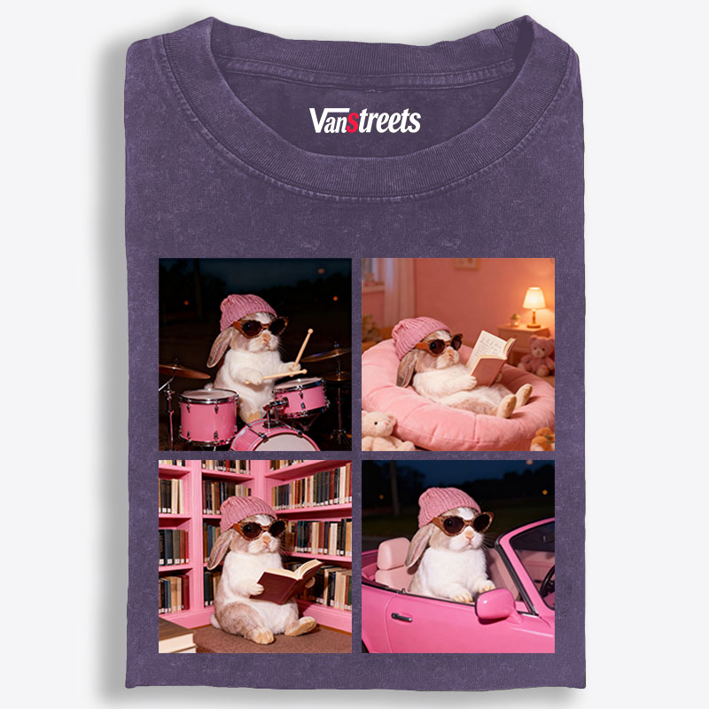 Cool Bunny 4-Panel Life Meme Retro Washed T-Shirt | 100% Cotton | Streetwear Essential