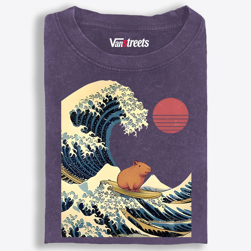 Capybara Surfing Ukiyo-e Retro Washed T-Shirt | 100% Cotton | Streetwear Essential