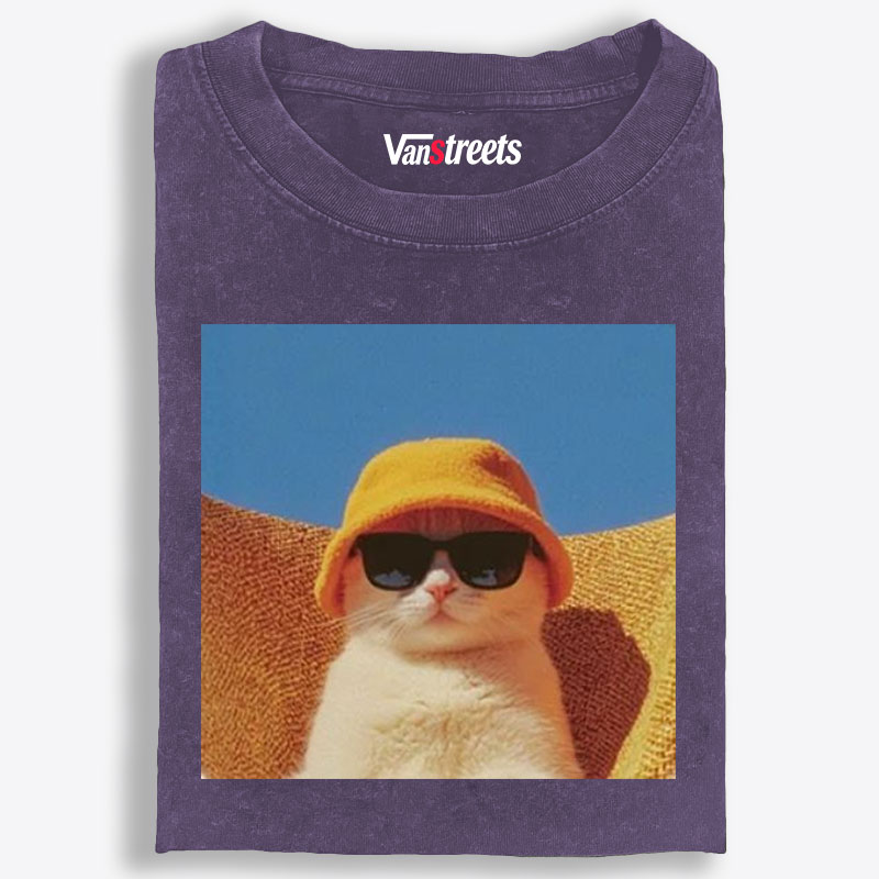 Cool Cat In Yellow Bucket Hat Streetwear Retro Washed T-Shirt | 100% Cotton | Streetwear Essential