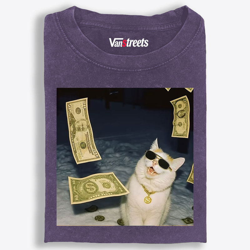 Rich Cat In Money Rain Meme Retro Washed T-Shirt | 100% Cotton | Streetwear Essential