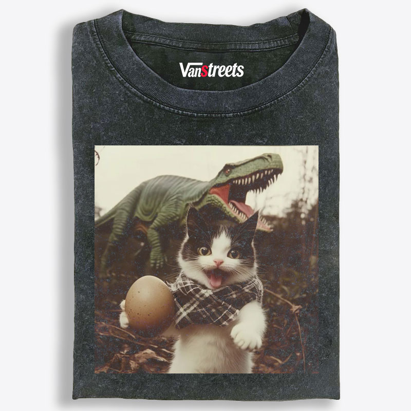 Cat Stealing Egg From Dinosaur Retro Washed T-Shirt | 100% Cotton | Streetwear Essential
