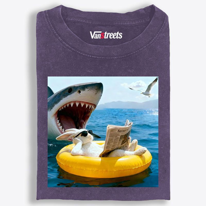 Bunny Reading Newspaper With Shark Retro Washed T-Shirt | 100% Cotton | Streetwear Essential