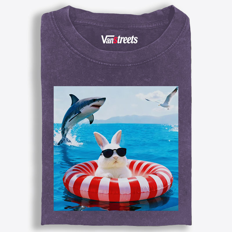 Bunny In Pool Float With Jumping Shark Retro Washed T-Shirt | 100% Cotton | Streetwear Essential