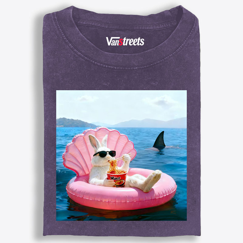 Bunny Eating Ramen With Shark Retro Washed T-Shirt | 100% Cotton | Streetwear Essential