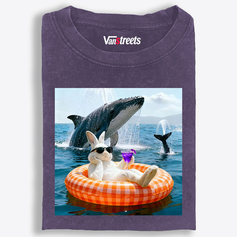 Bunny Drinking Cocktail With Whale Retro Washed T-Shirt | 100% Cotton | Streetwear Essential