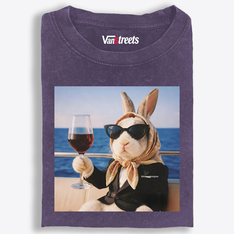Rich Bunny Drinking Wine On Yacht Retro Washed T-Shirt | 100% Cotton | Streetwear Essential
