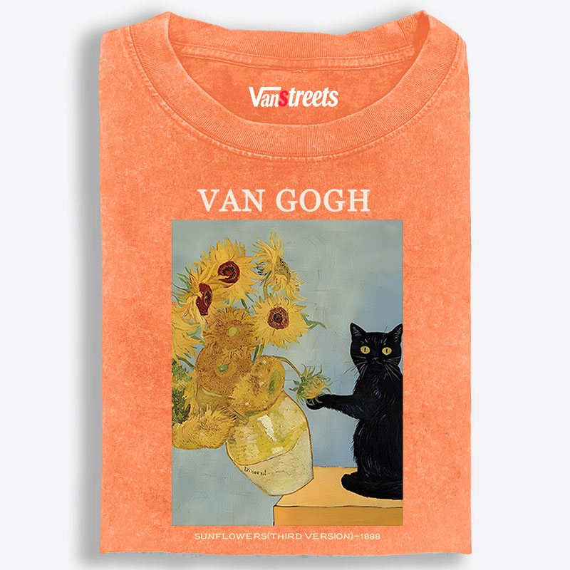 Playful Cat Meets Van Gogh Sunflowers Retro Washed T-Shirt | 100% Cotton | Streetwear Essential