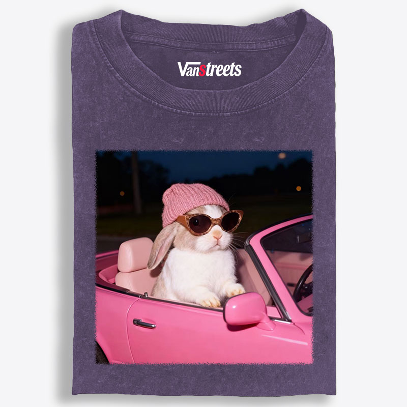 Fashion Bunny Cruising In Pink Car Retro Washed T-Shirt | 100% Cotton | Streetwear Essential