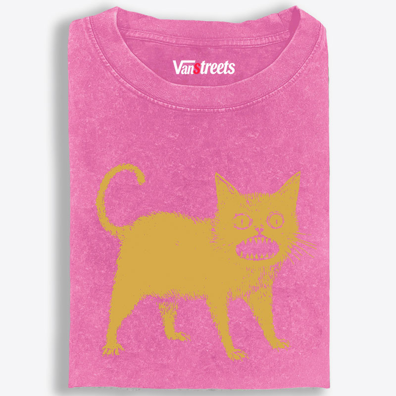 Creepy Yellow Cat Retro Washed T-Shirt | 100% Cotton | Streetwear Essential