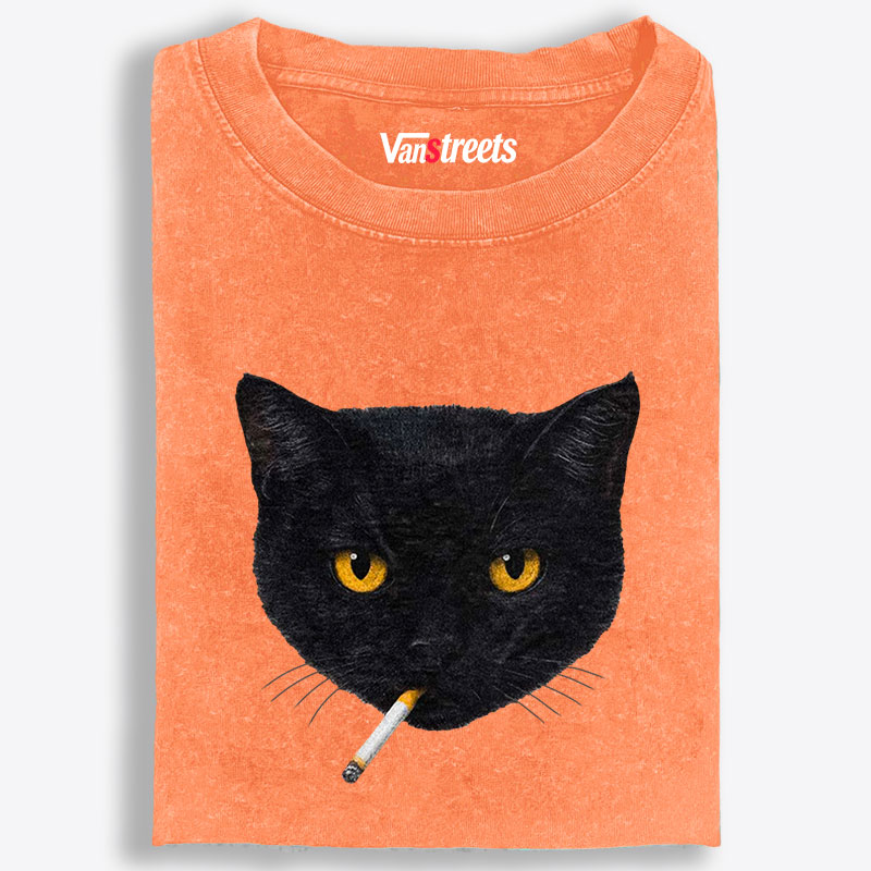 Smoking Black Cat Retro Washed T-Shirt | 100% Cotton | Streetwear Essential
