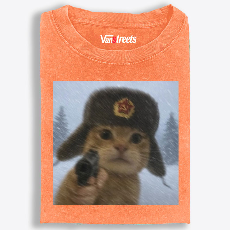 Soviet Ushanka Cat Retro Washed T-Shirt | 100% Cotton | Streetwear Essential