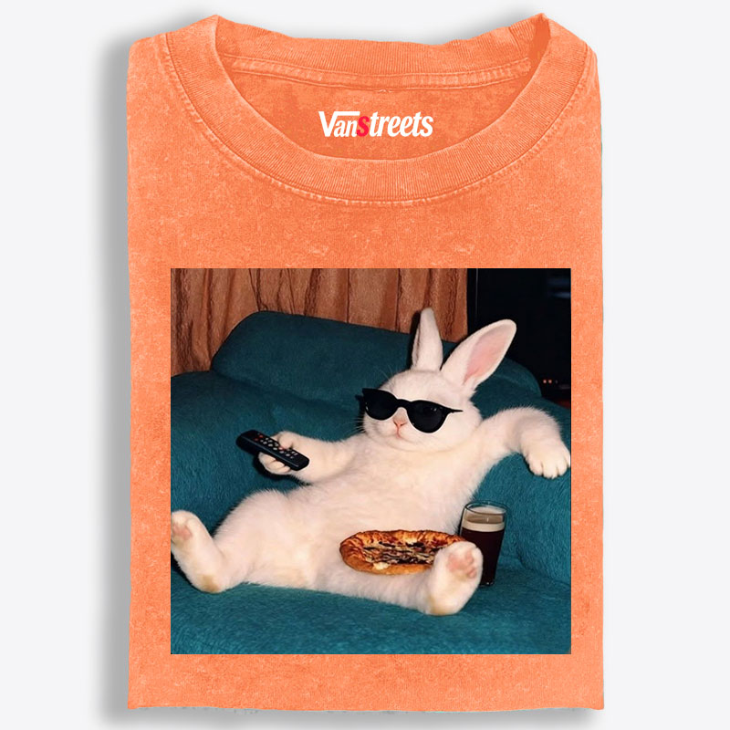 Couch Potato Bunny Retro Washed T-Shirt | 100% Cotton | Streetwear Essential
