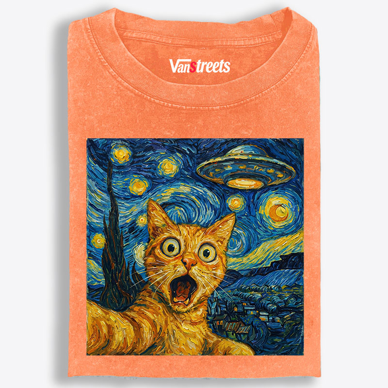 Cat in Starry Night with UFO Meme Cat in Starry Night with UFO Meme Retro Washed T-Shirt | 100% Cotton | Streetwear Essential