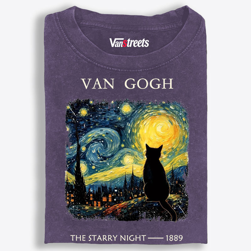 Van Gogh Starry Night CatRetro Washed T-Shirt | 100% Cotton | Streetwear Essential