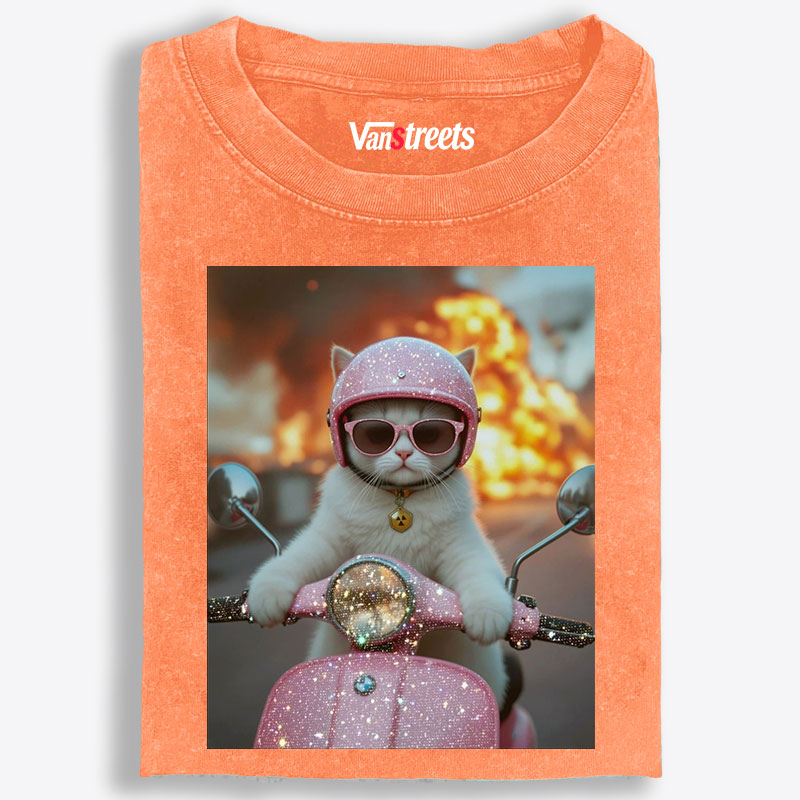 Pink Scooter Cat & Explosion Meme Retro Washed T-Shirt | 100% Cotton | Streetwear Essential